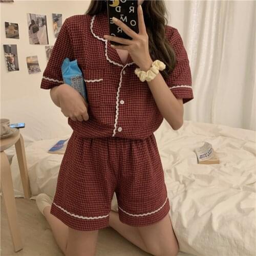 Plaid Print Red Summer Home Suit Women Turn Down Collar Short Sleeve Cotton Casual Sleepwear Pajamas Set Kawaii Vintage