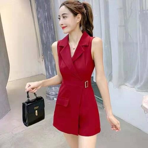 Summer Korean Fashion Slim Notched Collar Female Red Black Short Playsuits Jumpsuits Solid Skinny Casual Jumpsuit Women Y501