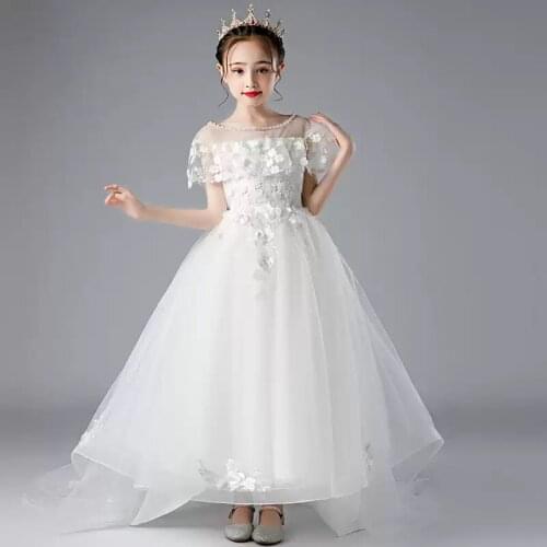 Flower Girl Dress Illusion Short Pearls Appliques Embroidery O-Neck Luxury White Princess Train Tulle Lace Kids Party Gown H410