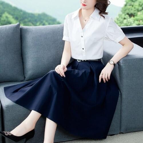 Casual White Blue Plus Size Shirt Dress 2021 Summer Office Lady V-Neck Midi Two Piece Dress Elegant Bodycon Party Women Vestidos