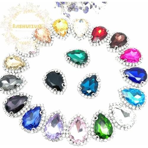 20pcs/piece Free shipping! Mix color Water drop shape Glass Crystal sew on rhinestones with chain claw Diy wedding decoration