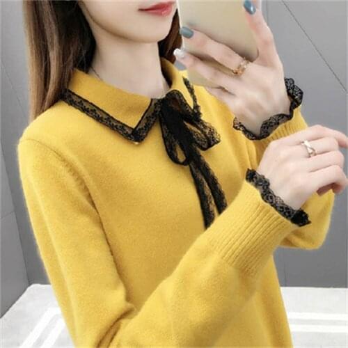 2021 Womens Sweaters And Pullovers Fashion Bow Lace Sweater Spring Autumn Knitted Jumper Loose Knitting Tops Female H470