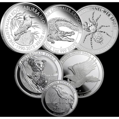 6PCs Non-Magnetic Australia 1 OZ .999 Silver Coins Crocodile + Kookaburra + Spider +Koala +Eagle Animal Elizabeth Replica Coins