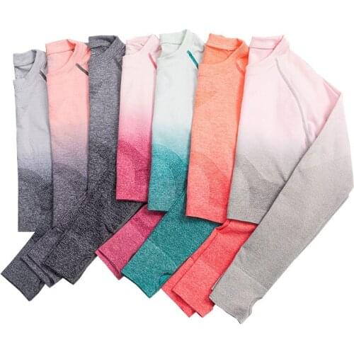 Seamless Long Sleeve Yoga T-shirt Gradient Color Sportswear Women Training Sports Fitness Gym Crop Tops Running Clothing