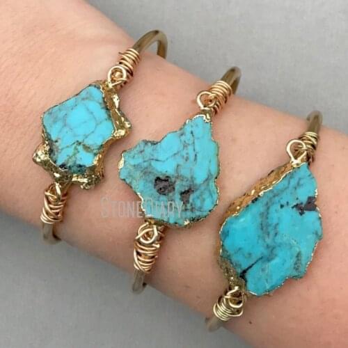 BM31396 Real Raw Turquoise Cuff Bracelet Gold Bangle BOHO Chic Freeform Turquoise Slice Raw Brass Cuff Bridesmaid Gift