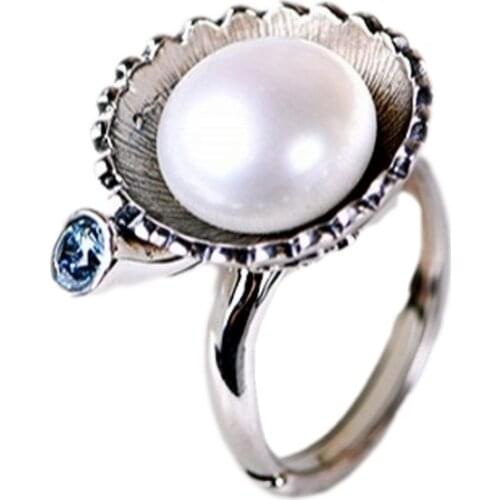 BOCAI New Real S925 Silver Ring for Woman Literary fashion Jewelry Personality Elegant Freshwater Pearl Woman Ring