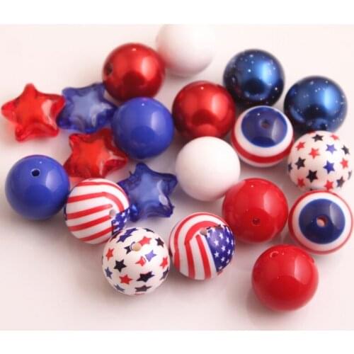 Kwoi vita AM-018 July 4th Red Blue White Color Mix Acrylic beads for Kids Chunky beaded Necklace Jewelry 20mm 50pcs A lot