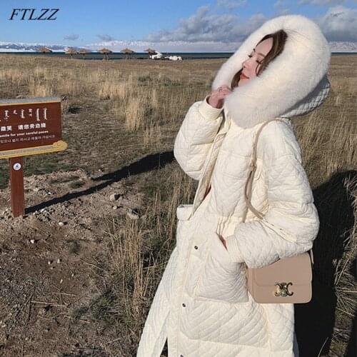 FTLZZ Winter Real Large Natural Fur Hooded Long Down Jacket Women 90% White Duck Down Coat Loose Thick Warm Snow Outwear