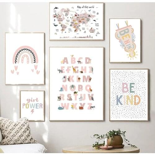 Animal Map Picture ABC Alphabet Rainbow Poster Nursery Pink Wall Art Canvas Print Painting for Kids Bedroom Playroom Home Decor