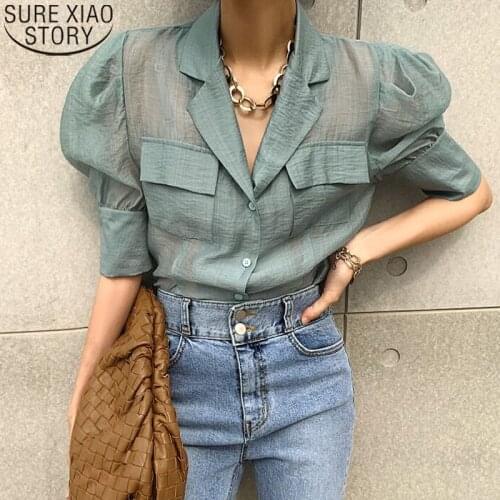 Fashion OL Style Chic Puff Sleeve Women Shirt 2021 Summer Loose Shirt Perspective Women Tops Korean Pockets Thin Blouse 14945