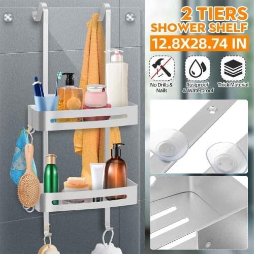 Stainless Steel Bathroom Storage Rack Wall Hanging 2-Tier Shower Gel Frame Hole-Free Door Hanging Shelves Bathroom Basket Holder
