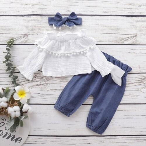 Newest Clothes Set For Girls 2020 Infant Baby Flare Sleeve Ruffles Solid Print Tops+Pants+Headband Outfits Autumn Kids Outfits