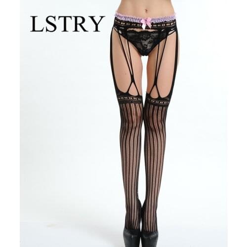 2021 New Black Sexy Stripe Elastic Stockings Women Fishnet Stockings Lstry Open Crotch Thigh Sheer Tights Lace Erotic Lingerie