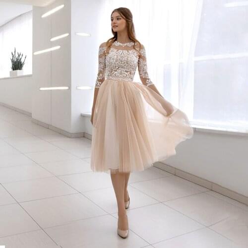 Charming Champagne Tea Length Wedding Dress 2021 Fashion O-neck Three Quarter Sleeve Appliques Bridal Dress