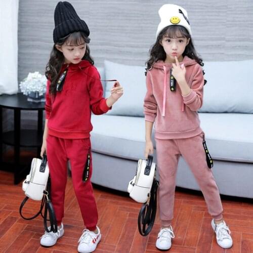 Autumn new girls sports suit gold velvet childrens clothing suit baby kids sportswear big girl hoodie shirt + pants suit winter
