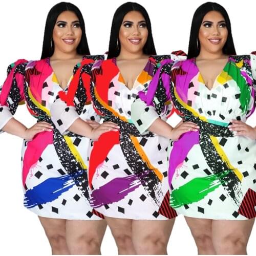 Sexy Plus Size V-neck Short Sleeve Printed Womens Dress Summer Puff Sleeve Bodycon Vintage Elegant Office Dresses XL~5XL