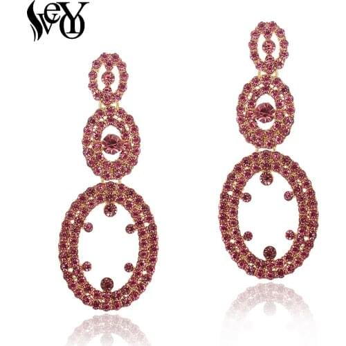 VEYO Full Rhinestone Dangle Earrings for Women Pink Color Trendy Hollow out Drop Crystal Earrings Fashion Jewelry New Gift
