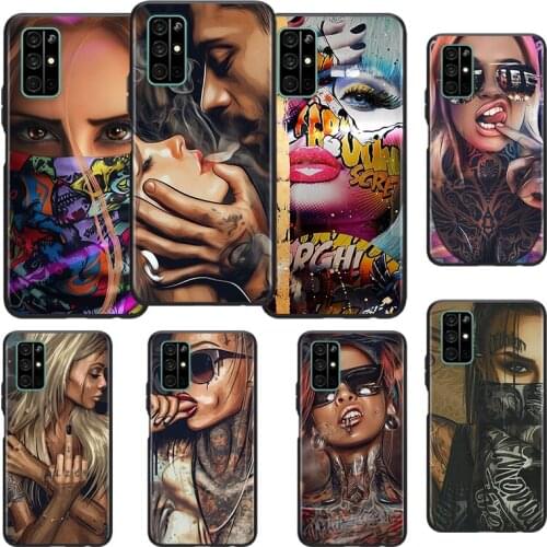 Sexy Sleeve Tattoo Girl Silicone Cover For Huawei Honor 10i 10 9C 9A RU 9X 9N 9S 9 Pro Lite Play 3E V9 Black Phone Case