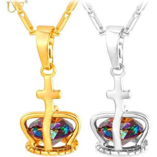 U7 Crystal Crown Necklaces & Pendants Gold/Silver Color Cross For Jewelry Women Gift P900