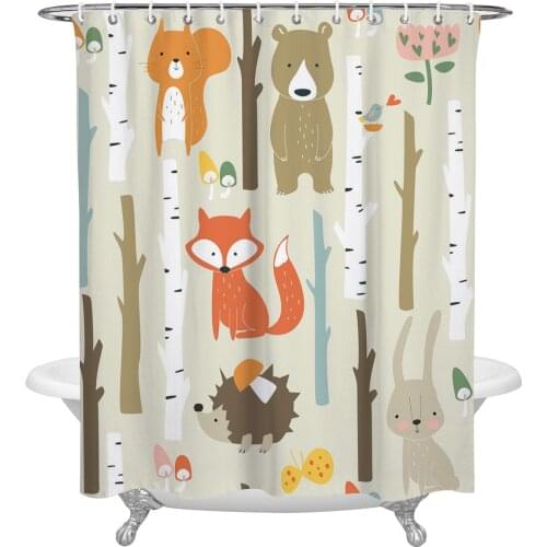 Cartoon Forest Animal Tree Fox Bear Rabbit Waterproof Fabric Shower Curtain Polyester Bath Curtain Bathroom Accessories