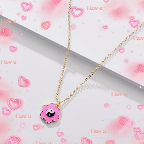 Y2K Jewelry Pink Flower Tai Chi Yin Yang Necklace for Women Metal Punk Harajuku Vintage Goth Necklace Charms Y2k 90s Aesthetic