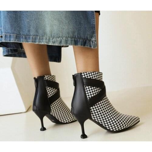 Big Plus Oversize 47 48 Short Boots Women Houndstooth Plaid Checkered Booties Woman Leopard Stiletto Heels Point Toe Winter Shoe