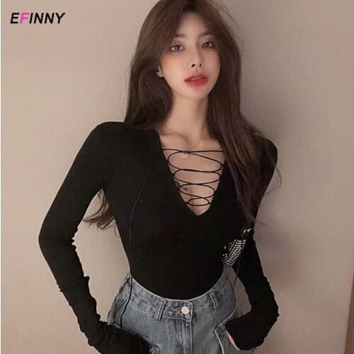 Womens T-Shirts Sexy Deep V Neck Slim Cross Strap T Shirt Solid Color Hollow Long Sleeved T-shirt Tops US Ship