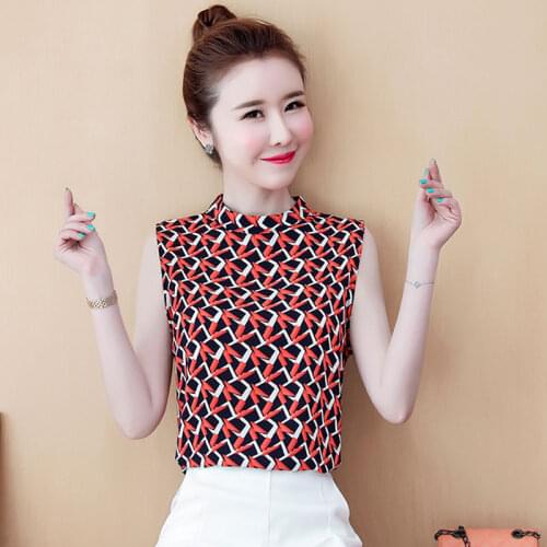Womens Spring Summer Style Chiffon Blouses Shirt Womens Sleeveless Turtleneck Sleeveless Printed Elegant Slim Tops DD8667