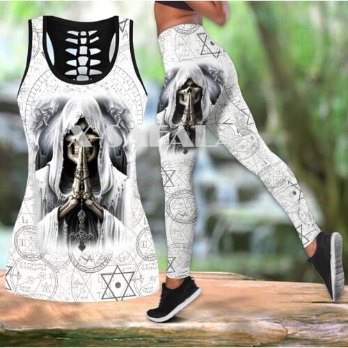 God Of Death Skull Two Piece Yoga Set Women 3D Print Vest Hollow Out Tank Top High Waist Legging Summer Casual Sport
