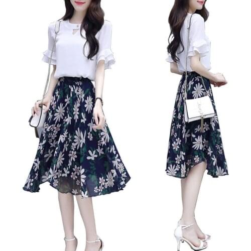 Women Summer Chiffon Skirt Suit 2021 New Ladies French retro Skirt Two-Piece Set Lady Elastic Waist Skirt 2 Piece Set With Lined