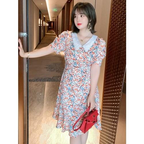 Lace Baby collar printed lotus fishtail dress for women in summerk