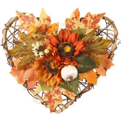 1pc Autumn Maple Leaf Artificial Halloween Door Decor Garland Wreath Heart Shape Pumpkin Sunflower Wall Hanging for Thanksgiving