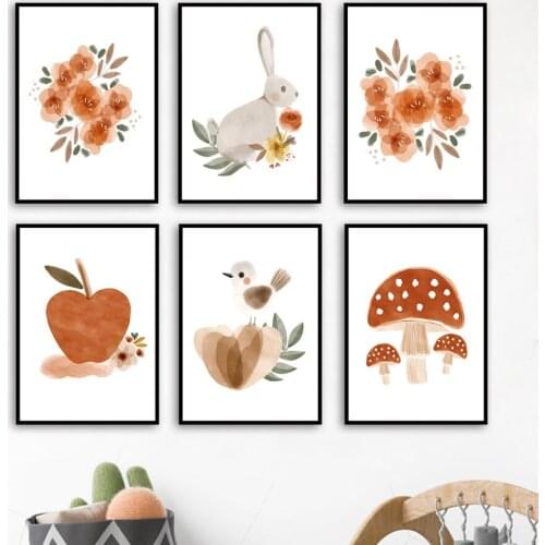 Watercolor Flower Rabbit Bird Apple Mushroom Nursery Wall Art Print Canvas Painting Nordic Poster Decor Pictures Baby Kids Room