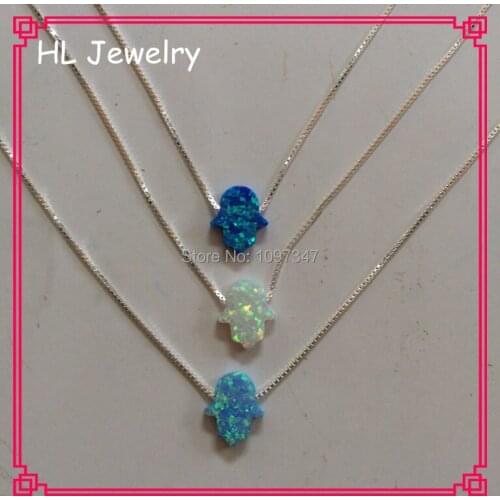 HL Jewelry Promotion 30PCS/Lot OP05/OP06/OP17 Blue and White Color 11*13MM Synthetic Opal Hamsa Silver Necklace