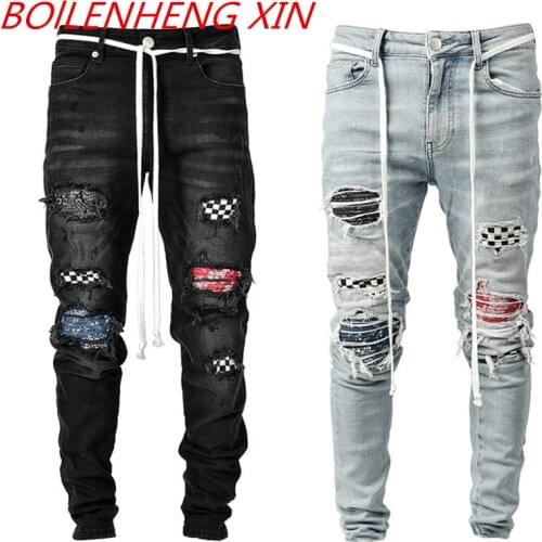 Jeans Men Ripped Slim Jeans Pencil Pants Motorcycle Hole Beggar Skinny Jeans Mens Street Retro Denim Patchwork Jeans