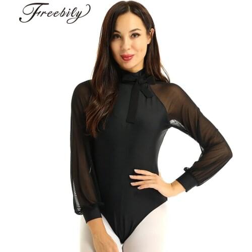 Elegant Women Dancewear Mesh Long Sleeves Mock Neck Cutout Back Ballet Gymnastics Leotard Bodysuit Performance Dance Costume