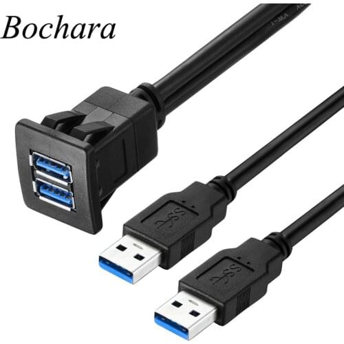 Bochara Dual USB3.0 USB2.0 Male to Female Flush Mount Panel Dashboard Cable Shielded For Car Motorcycle 1m 2m