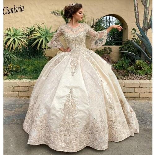 Light Champagne Long Flare Sleeve Ball Gown Quinceanera Dresses O-Neck Appliques Lace Sweet 16 Dress Vestido De 15 Anos