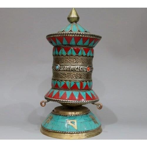 20cm */Old Tibet and Nepal, gilt bronze inlaid turquoise rotating the scriptures metal handicraft