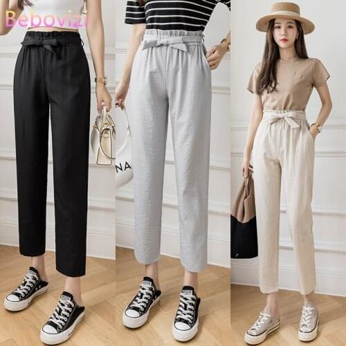 2021 Fashion Grey-blue Black Apricot Casual Summer Cotton Linen Ankle-Length Pencil Pants for Women Elastic Waistband Trousers