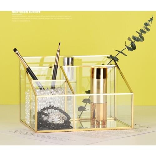 Transparent Glass Makeup Storage Box Grid Jewel Case Luxury Cosmetic Organize Jewelry Display Beauty Tool Desk Ornament