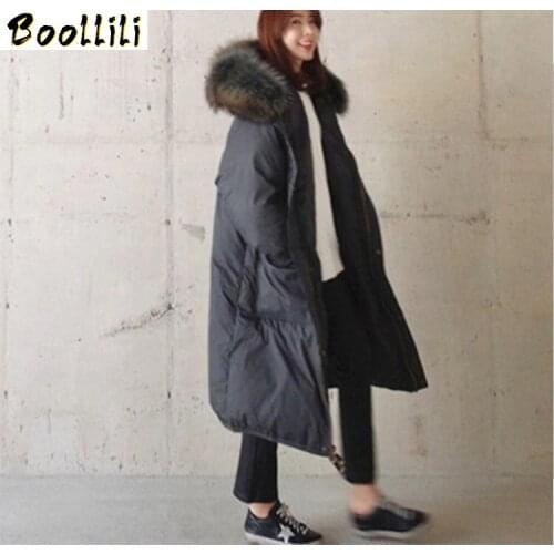 Boollili White Duck Down Jacket Women Big Fur Collar Hooded Thick Winter Jacket Women Warm Parka Puffer Jacket Abrigos