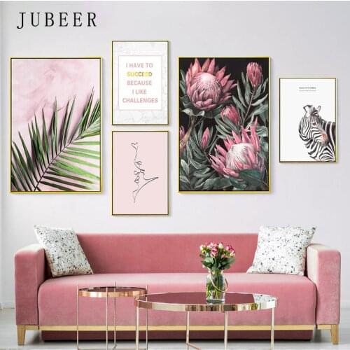 Pink Wall Art Leaves Posters and Prints Flower Canvas Painting for Living Room Decoration Pictures Zebra Frameless Poster