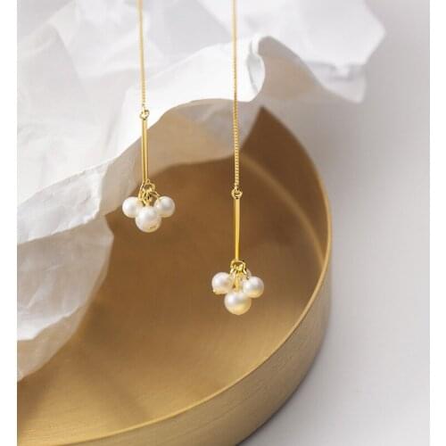 MloveAcc Silver Simple Geometric Chain Earrings 925 Sterling Silver White Pearls Drop Earrings for Women Gift