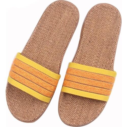Glglgege Summer Women Linen Slippers New Color Stripe Belt Indoor Shoes Casual Home Open Toe Slippers Lovers Casual Flax Slides