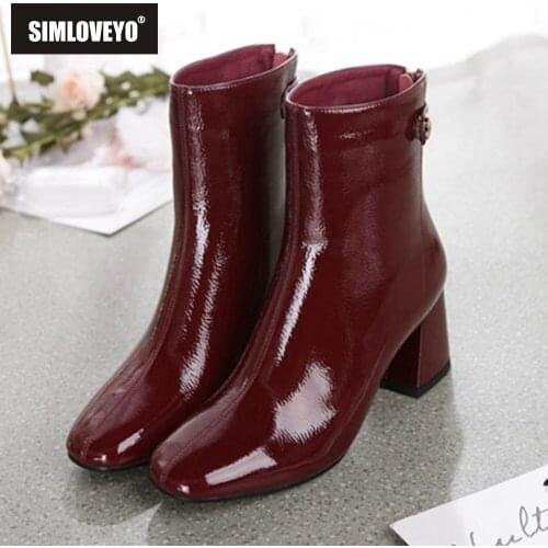SIMLOVEYO Women Genuine Leather Square Heel Ankle Boots Round Toe Patent Leather Zip Designer Brand Big Size 42 Black Red S2311