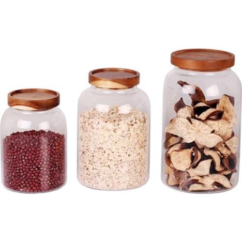 Large Capacity Household Glass Storage Jar Sealed Cans with wooden Lid Kitchen Grain Bean Food Candy Storage Container LBS
