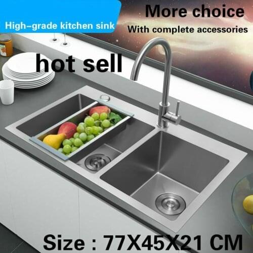 Tangwu Handmade thickening food-grade 304 stainless steel double groove high-grade kitchen sink 770X455X215MM
