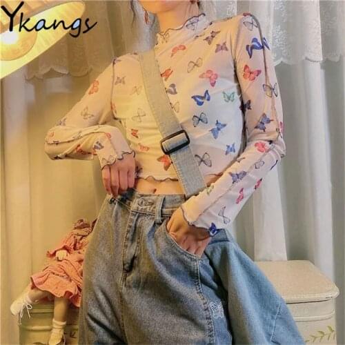 Women Butterfly Mesh Perspective Long Sleeve Crop Tops Print Aesthetic Fashion See Through Lace Sexy Turtleneck T-Shirt Female