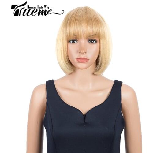 Trueme Short Bob Wig With Bangs Ombre Blonde High Light Human Hair Wigs For Women Colored Black Burgundy Straight Bob Full Wig